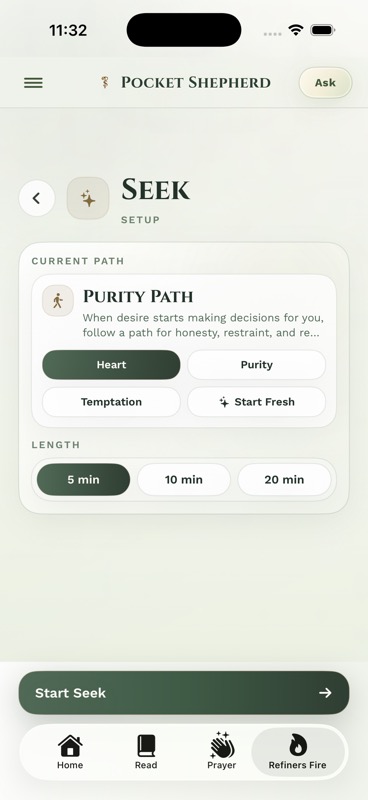 Pocket Shepherd Refiner's Fire setup screen